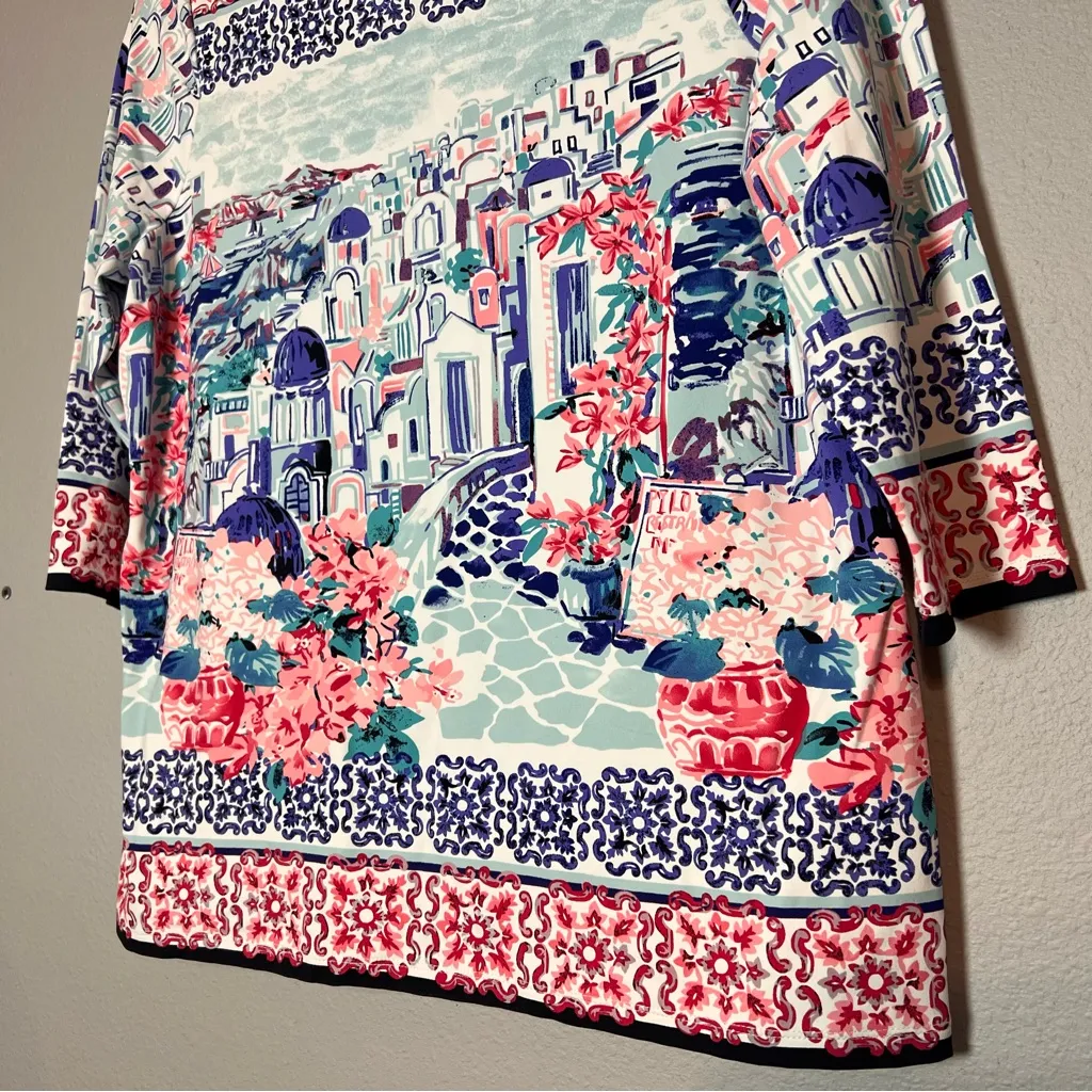 Charter Club Santorini Greece Print Shirt 3/4 Sleeve Wide Neck Size PL - Image 5