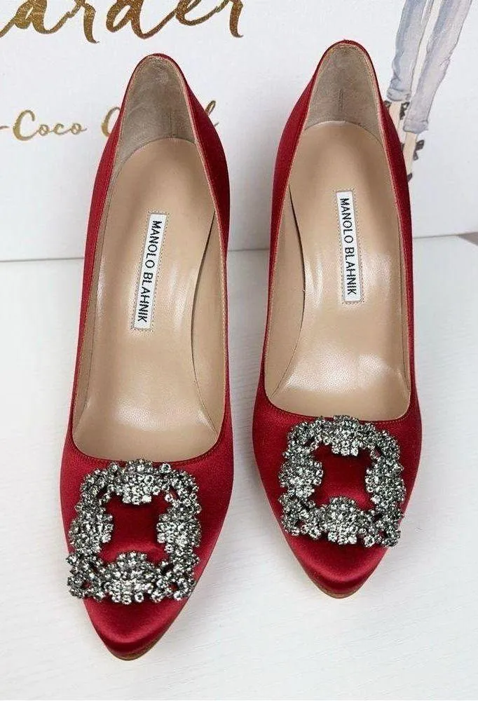 NIB Manolo Blahnik Wine Red 105mm Hangisi Satin Pumps Size 37.5 - Image 4