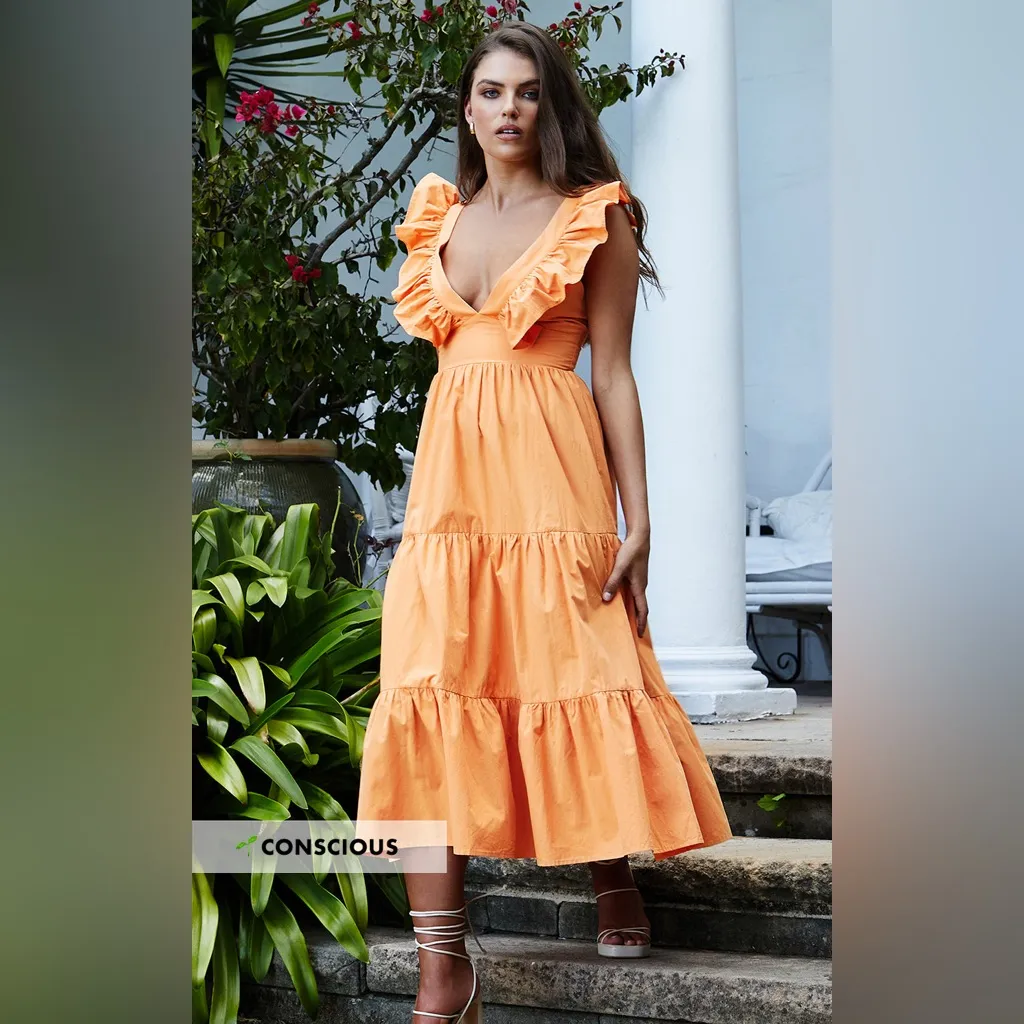 Showpo. Levona Ruffle Shoulder Tiered Midi Dress in Orange Size 8 - Image 2