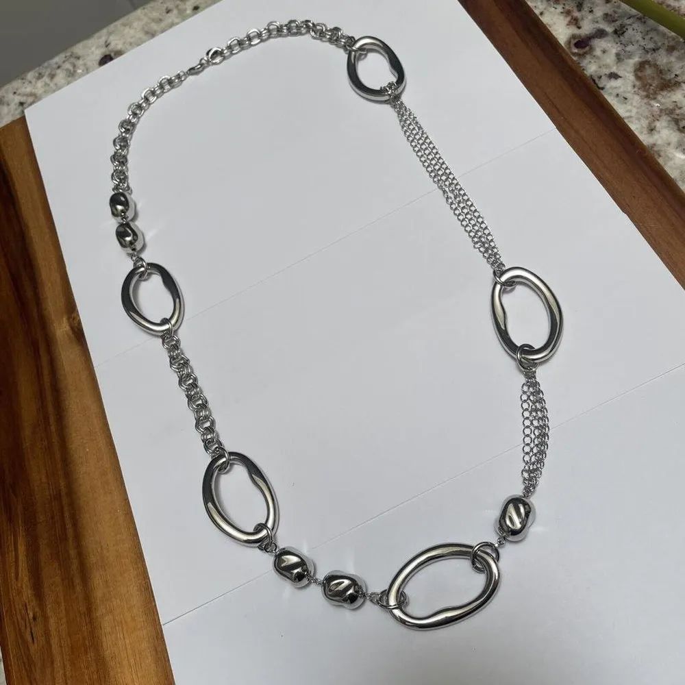 Signed T - Talbots Long Statement Costume Necklace Silver Tone Metal - Image 2