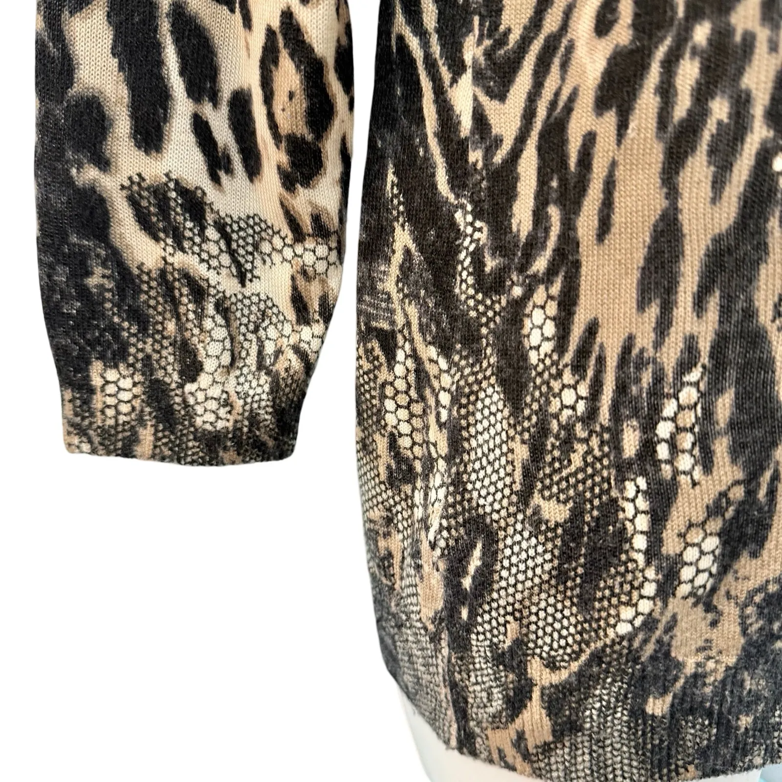 Vintage Leopard Print Lace Crew Neck Brown Black Rhinestone Knit Sweater size S - Image 8
