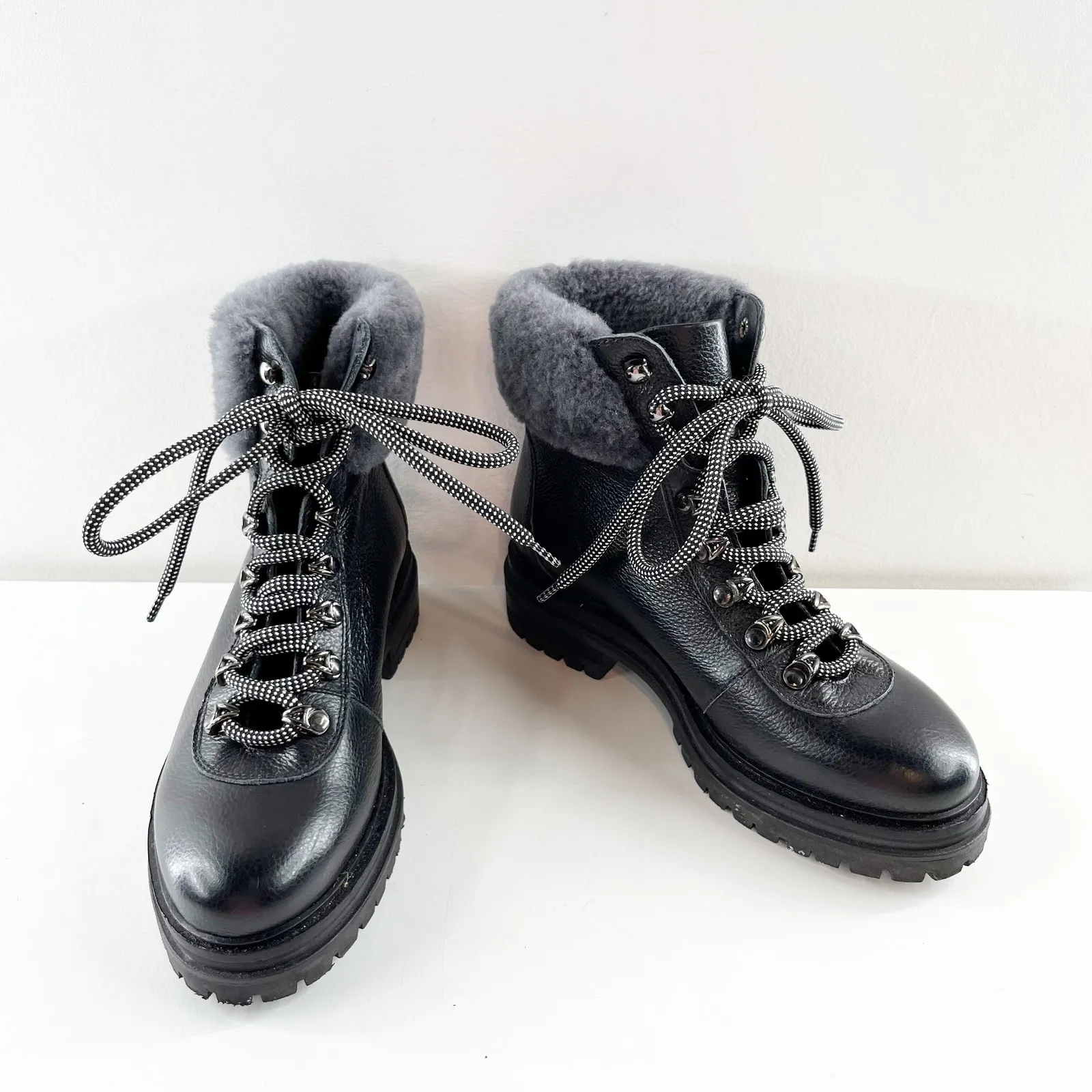 M Gemi Alpi Lace Up Ankle Combat Boots Shearling Faux Fur Trim Black 7.5 - Image 6