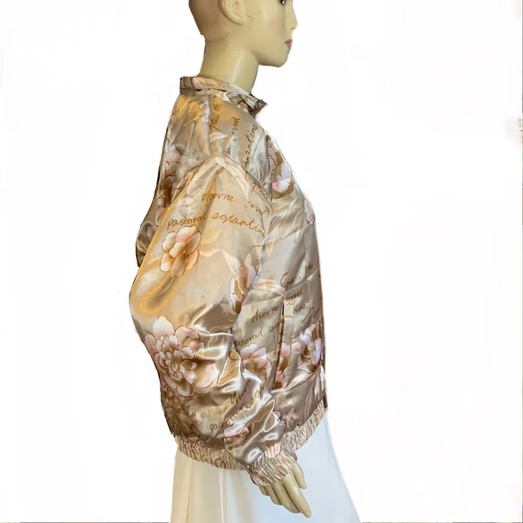 VINTAGE OLEG CASSINI FLORAL PRINT CREAM A PINK BLUSH SATIN BOMBER JACKET (M) - Image 4