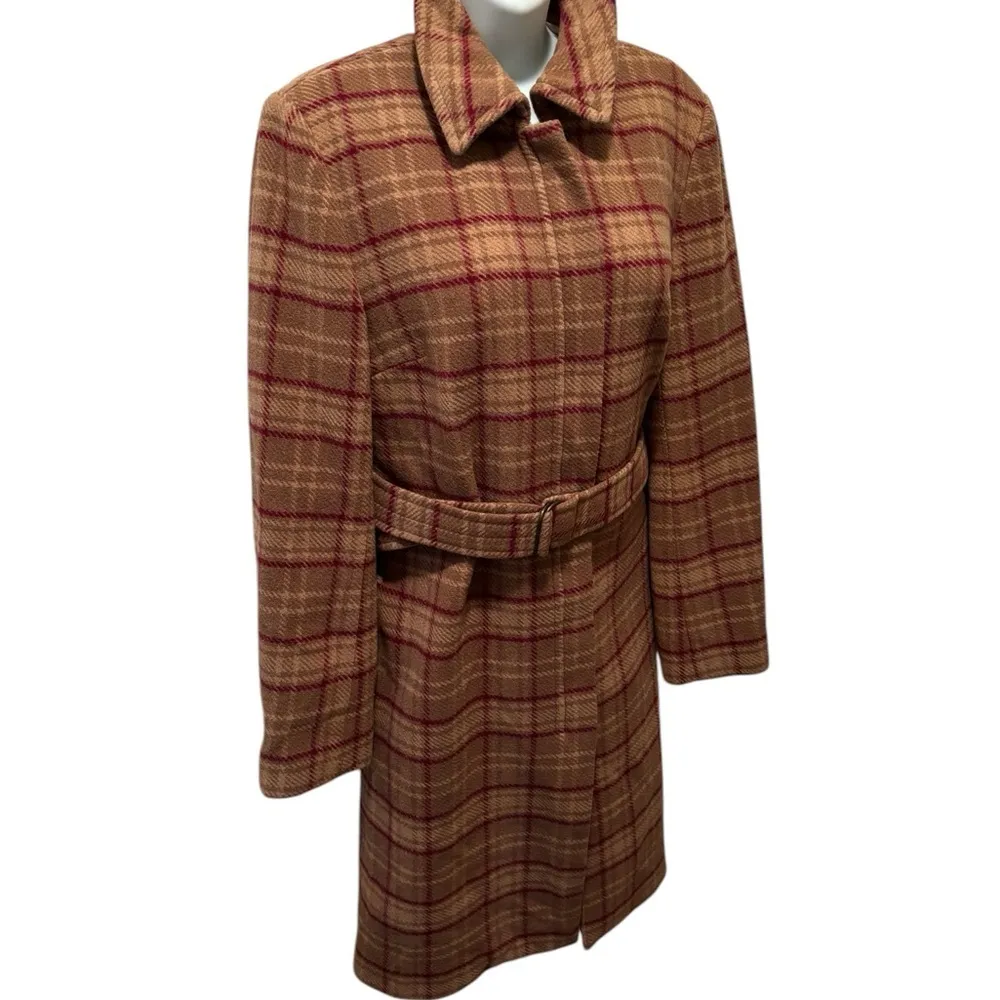 VTG J. Crew Plaid Clueless Preppy Wool Belted Trench Coat M Pockets Lined - Image 6