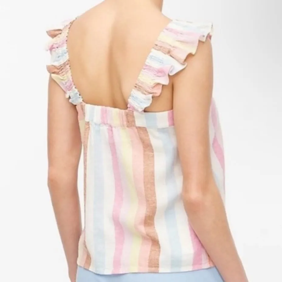 J. Crew Button Down Ruffle Sleeve Striped Linen Blend Top - Image 2