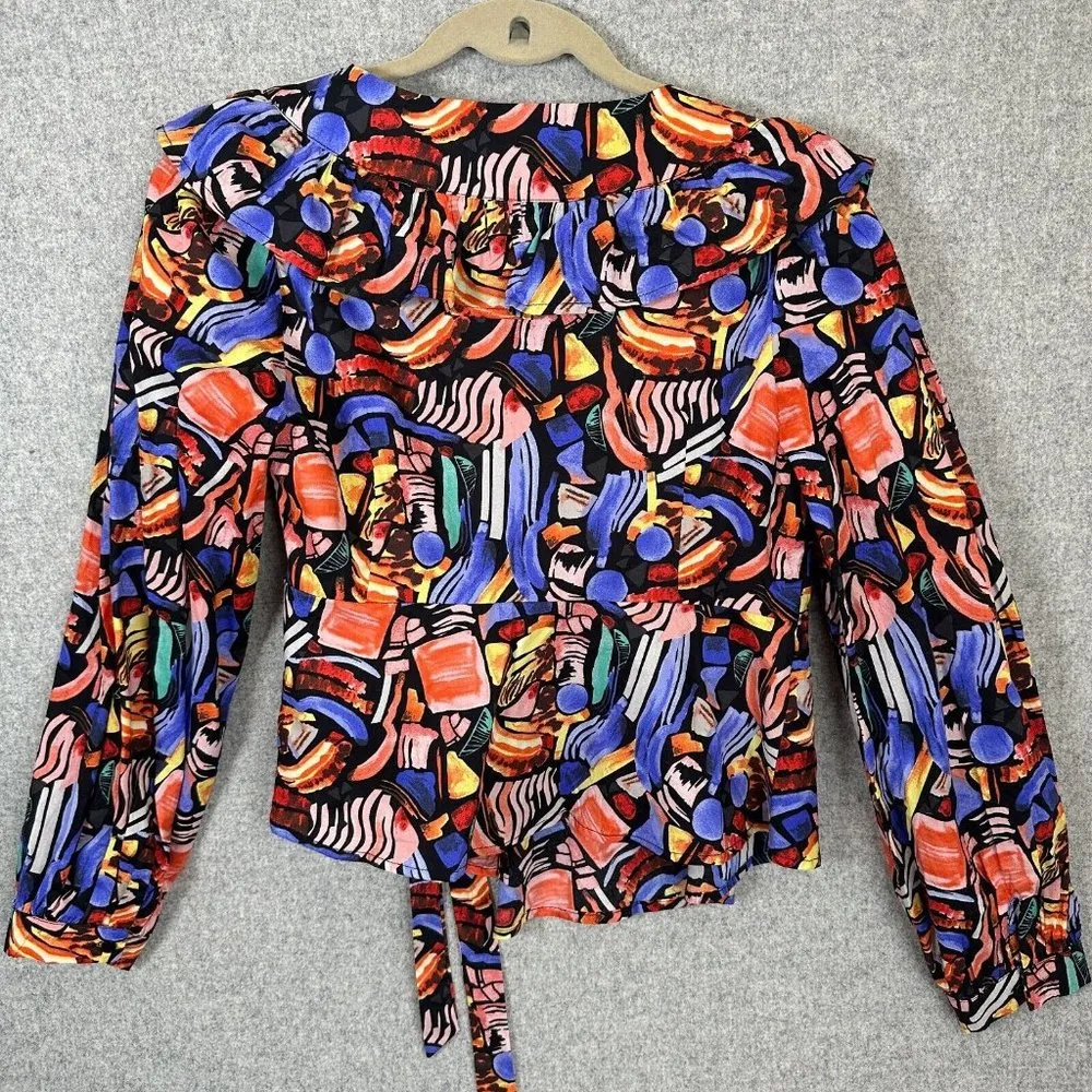 Vestique Women Small Blouse Top Wrap Tie Colorful V-Neck Ruffle Neck Geometric - Image 13