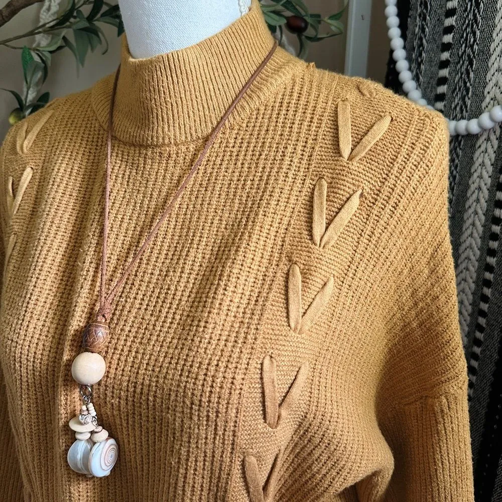 Tahari Mustard Yellow Ribbed Braided Mockneck Sweater - Image 2