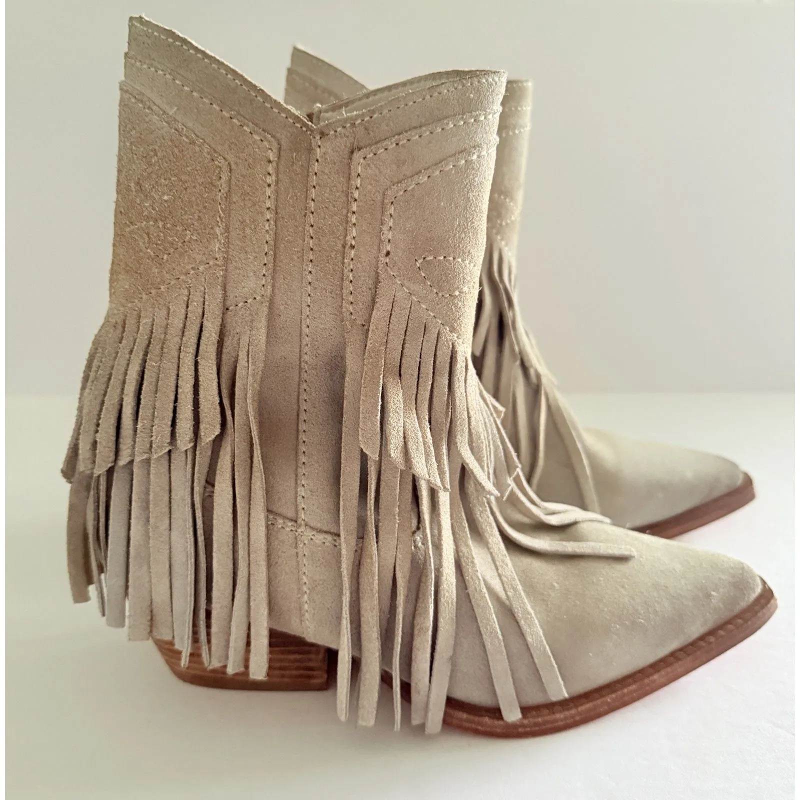 Free People Lawless Fringe Western Boots Tan Bone Block Heel Ankle Cowgirl Sz 37 - Image 3