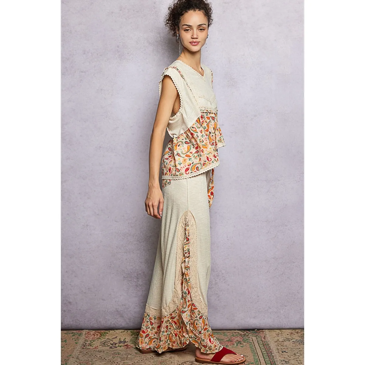 POL Boho Paisley Ruffle Wide Leg Pants Cream Lace Trim Festival Vacation SIZE L - Image 5