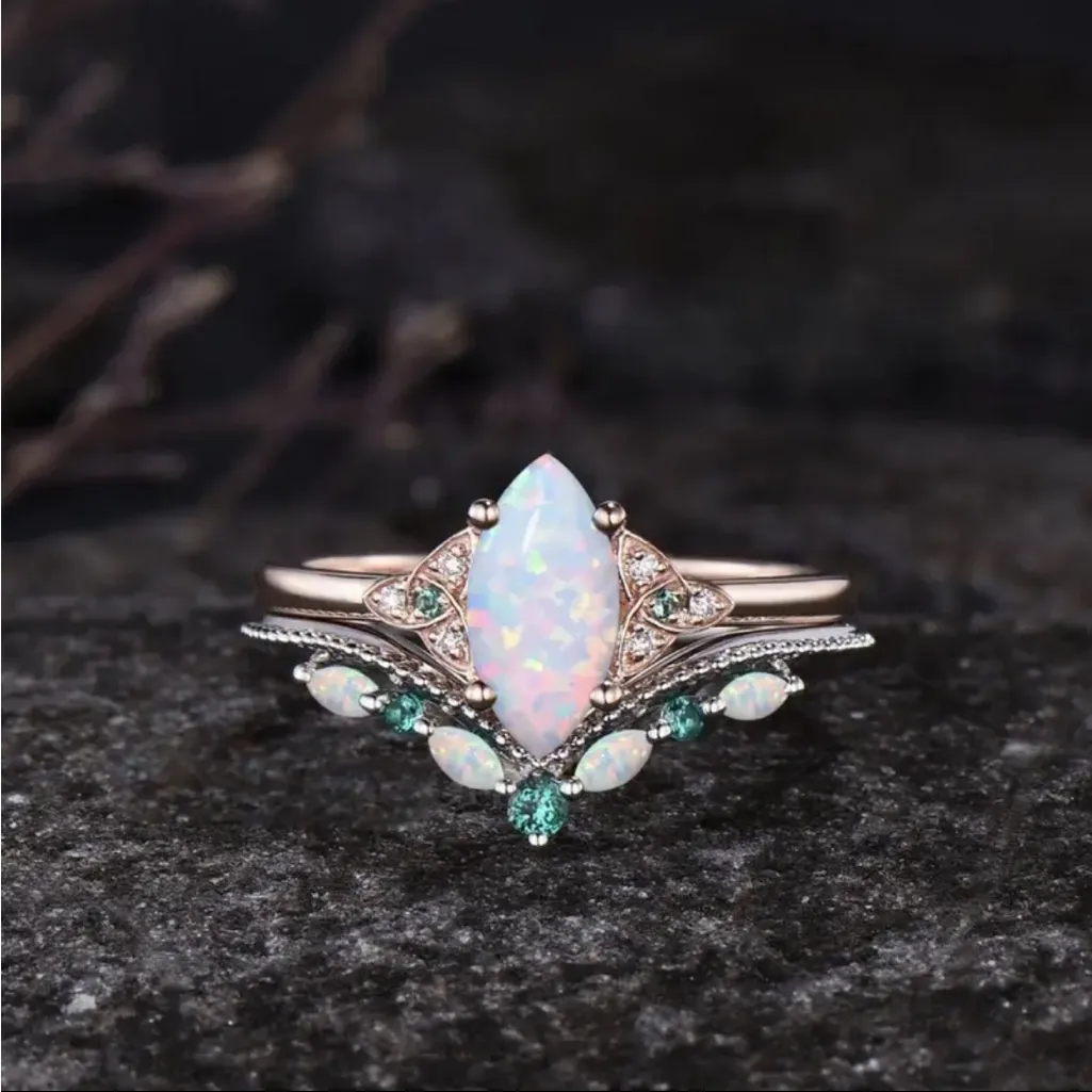 Opal & Crystal Marquise Ring Set Women’s Size 6 Vintage Inspired NWT White - Image 3