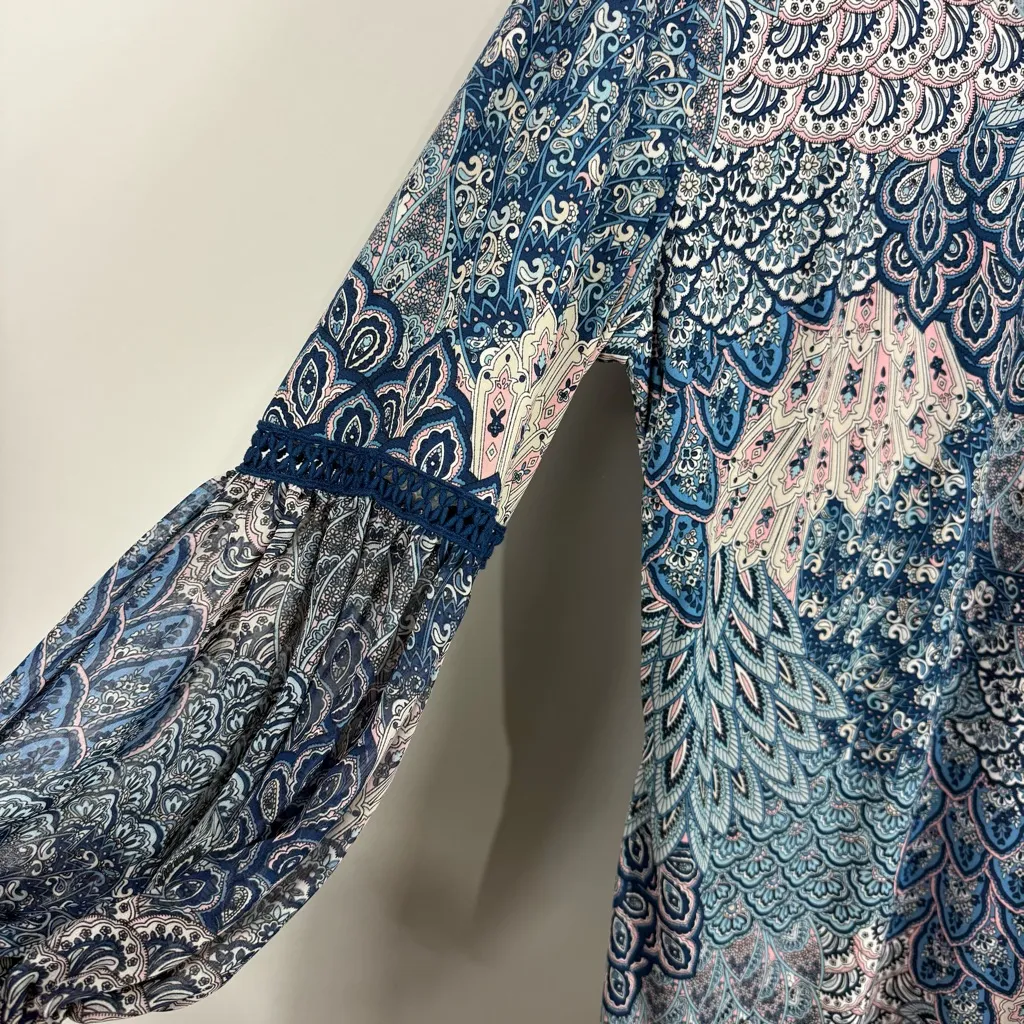Westport Paisley Print Blue Balloon Sleeve Dress Size XL - Image 4
