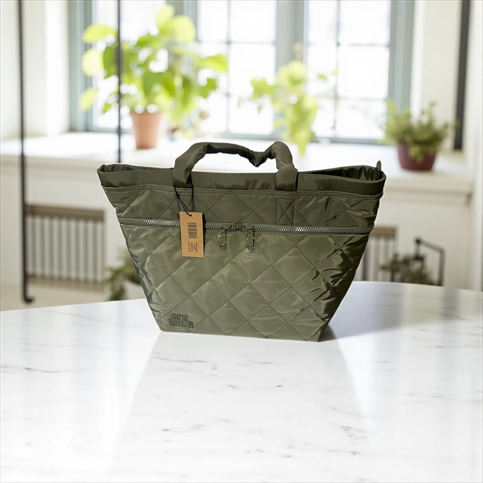 Steve Madden‎ Olive Green Quilted Tote Bag Zip Pocket New with Tags - Image 3