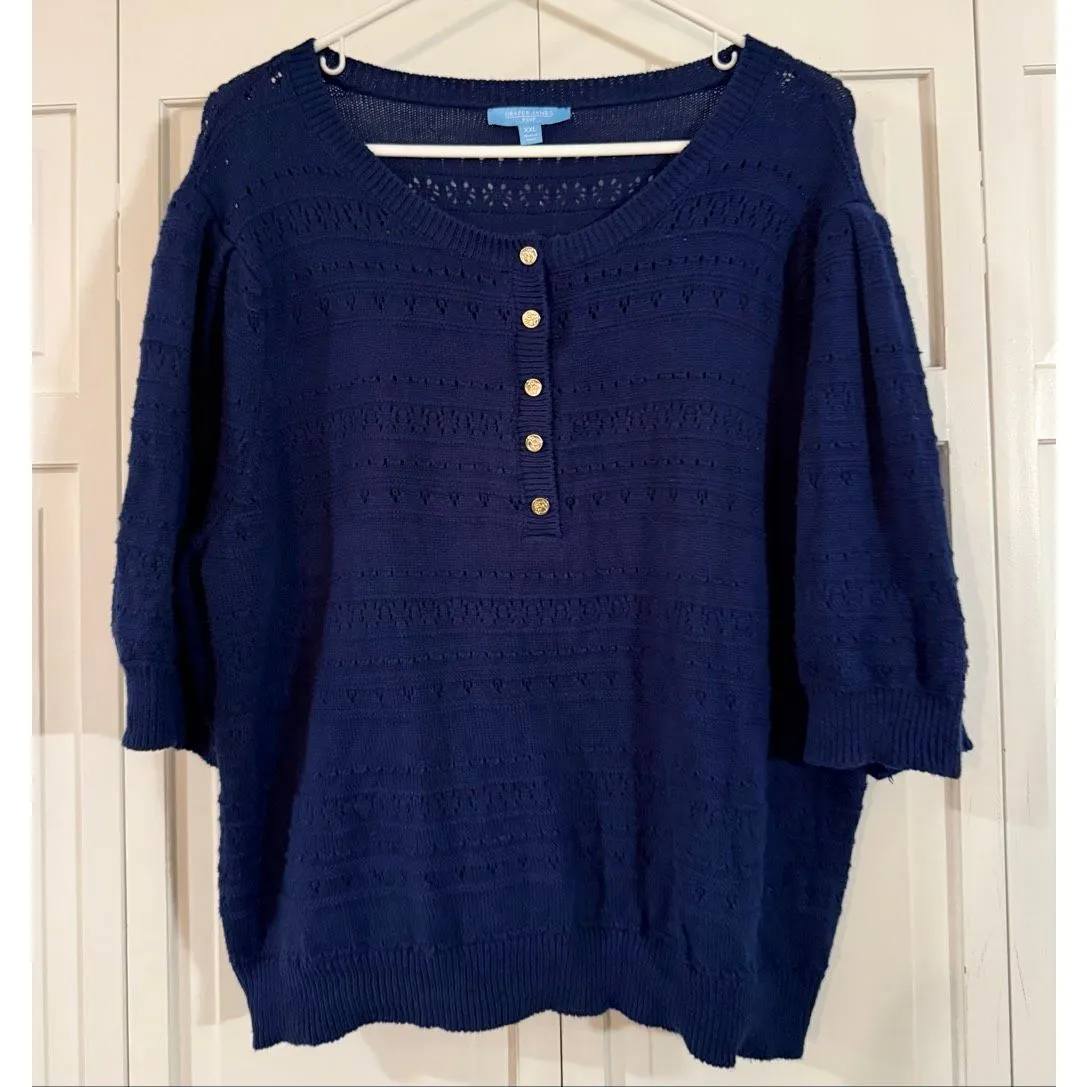 Draper James navy pointelle gold button short sleeve sweater XXL - Image 3
