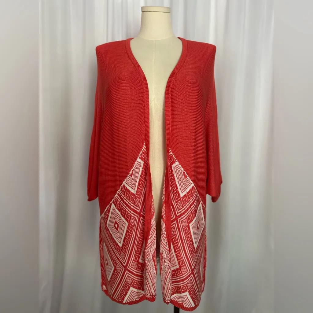 Umgee Red & Ivory Boho Open-Front Kimono with Crochet Back & Fringe (1148-1) - Image 2