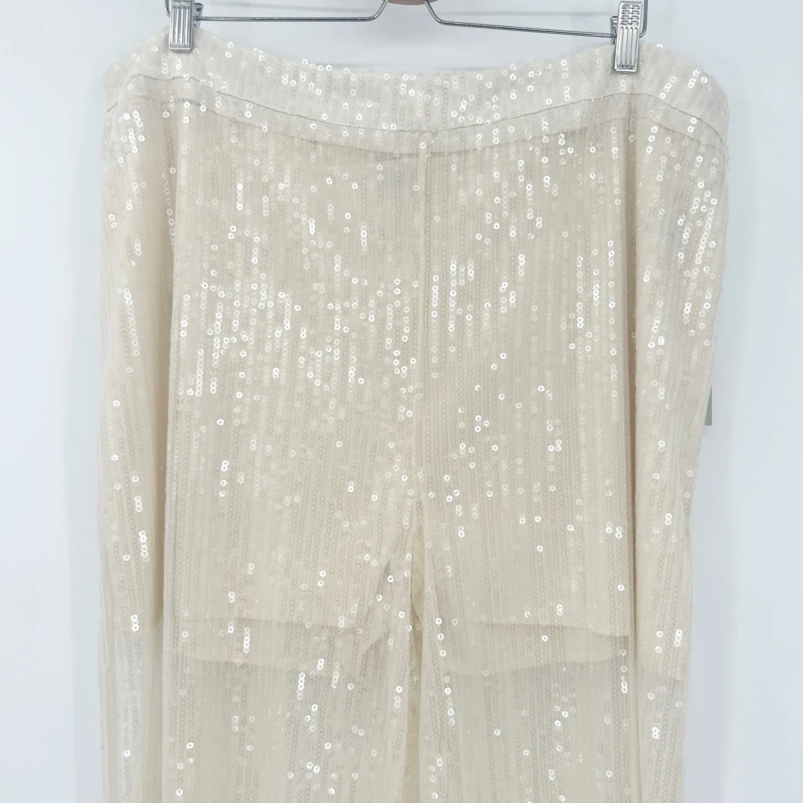 NWT Jeannie Mai X INC Womens Disco Party Sheer Wide‎ Leg Sequin Pants 18W Ivory - Image 4