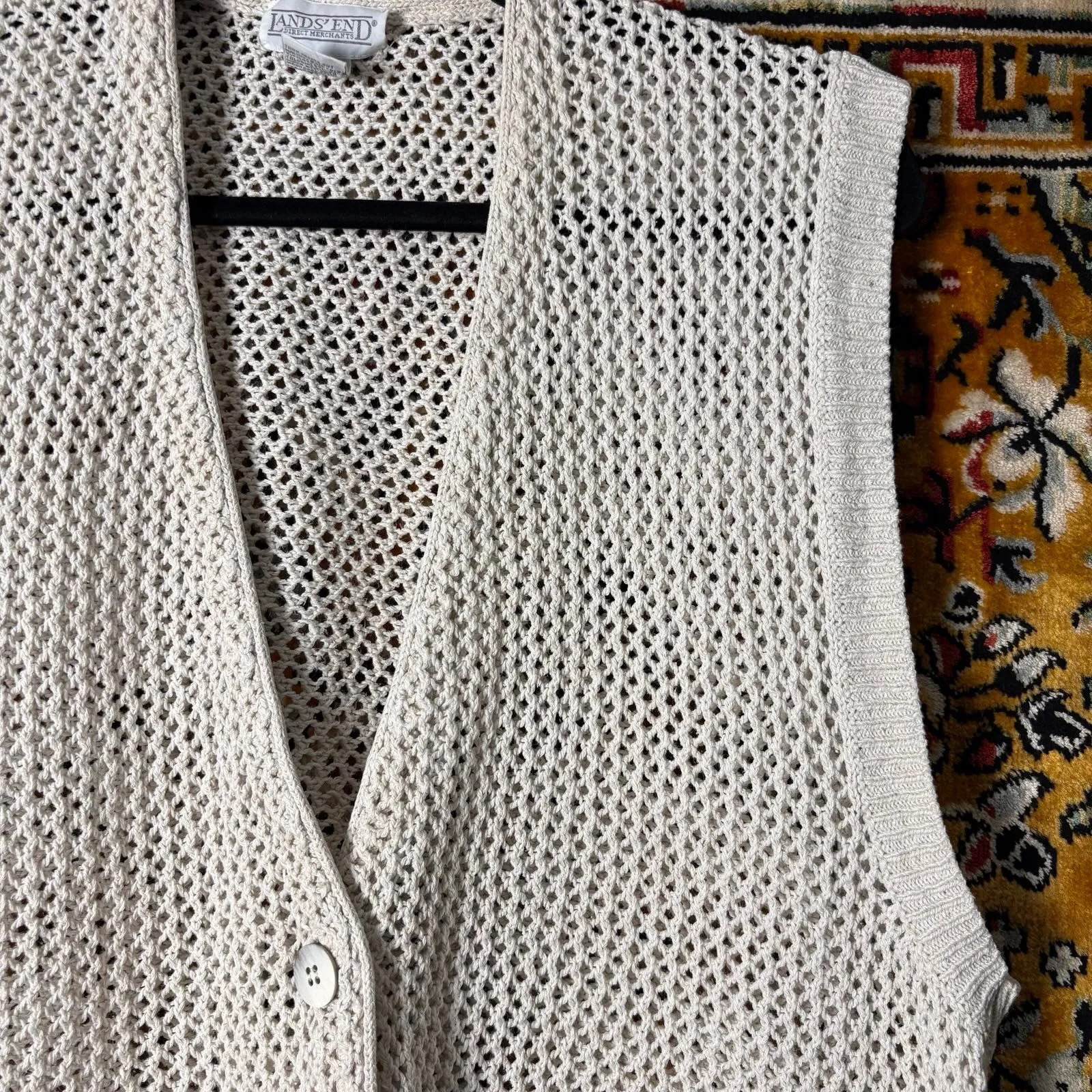 Vintage Lands' End Silk Cotton Crochet Vest Size L Open Knit Cream 90s Boho - Image 4