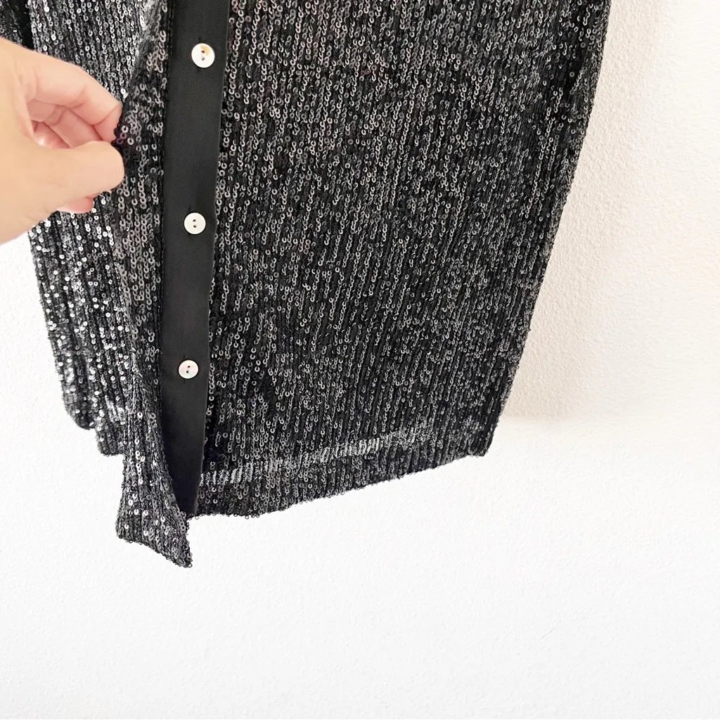 Every Sequin Collared Button Down Mini Dress in Black Size XS - Image 5