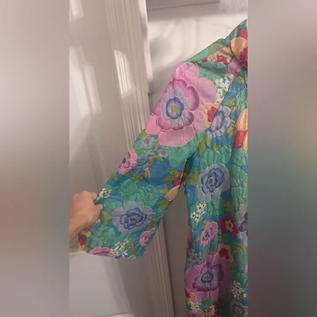 Stella Fagin Kimono Style Lounge Gown House Coat Robe Flower Mod 60s Vintage Green Size L - Image 4