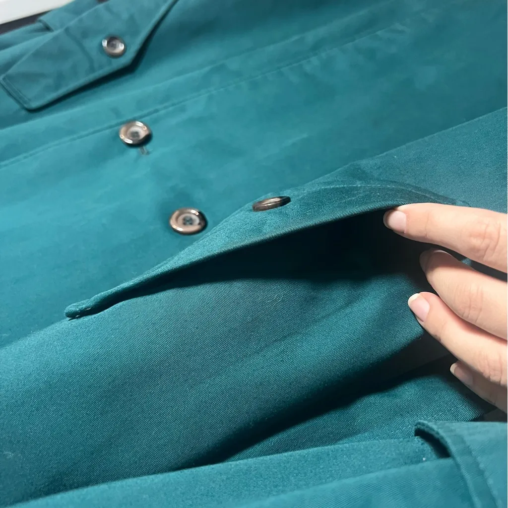 Vintage Double Breasted Trench Coat Womens Teal Green Size 12 Lined Long Belted - Image 9