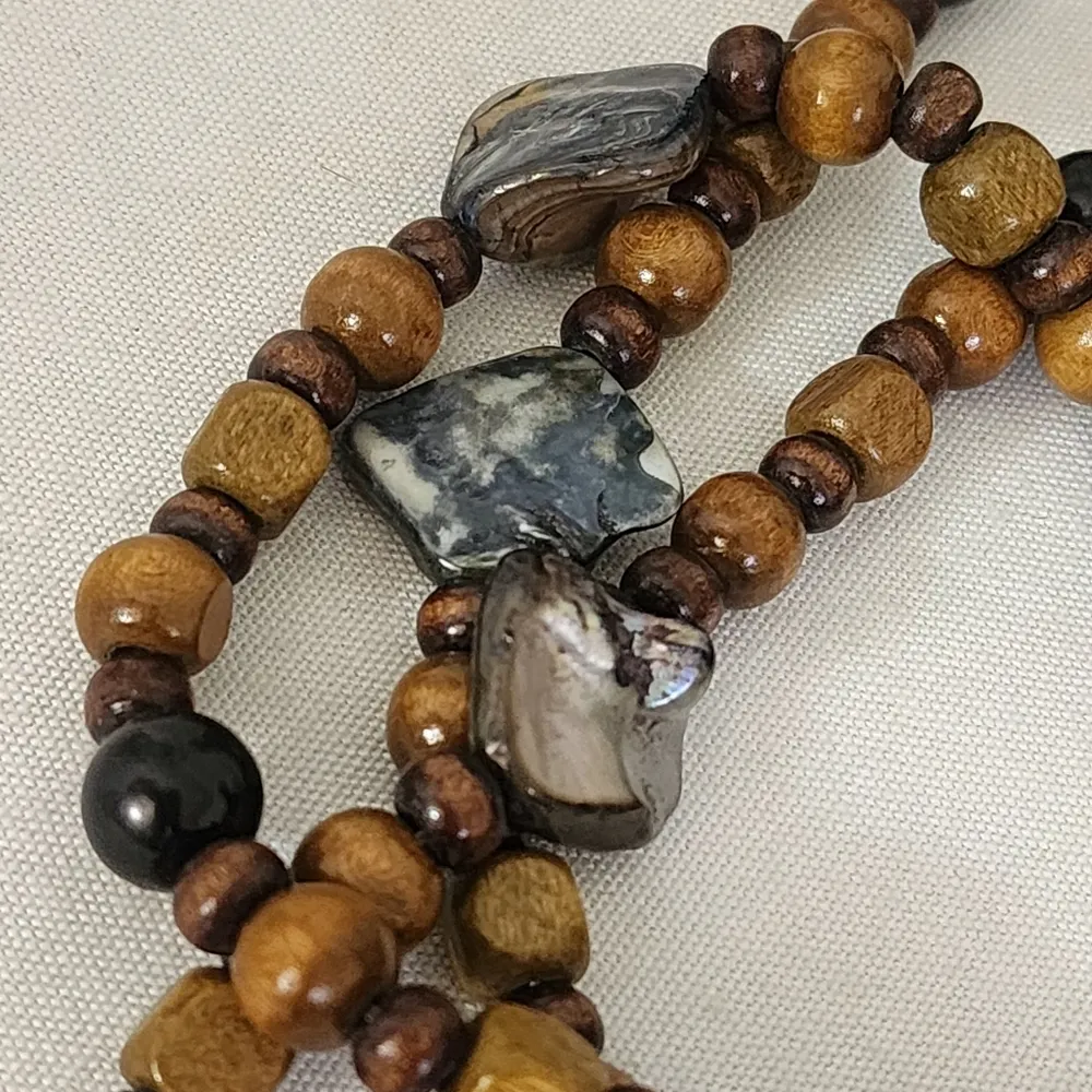 Wood with Abalone and Stone Long Bead Necklace Black - Image 3