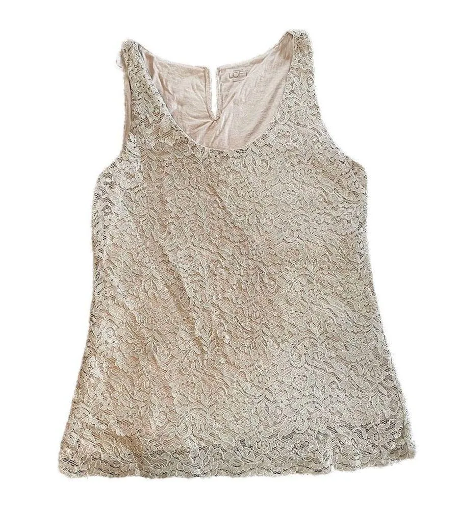 Ann Taylor LOFT Silver Beige Gray Lace Tank Top Metallic Layer Size Small - Image 2