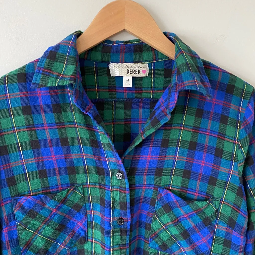 Derek Heart Plaid Flannel Button Down Shirt Blue & Green Size Medium - Image 2