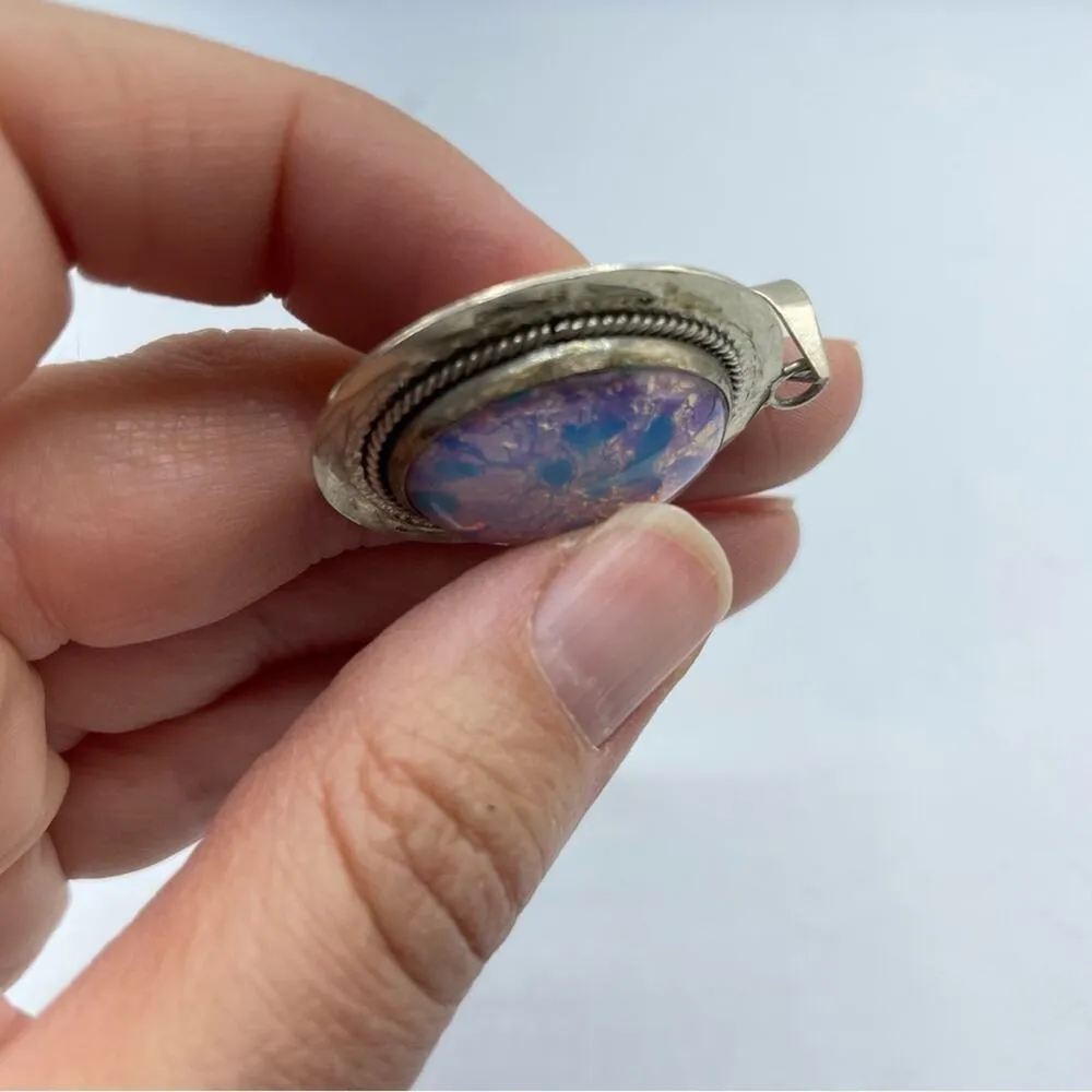 Vintage Mexico Sterling Silver Marked Pendant Necklace Faux Opal Glass Dichroic Blue - Image 3