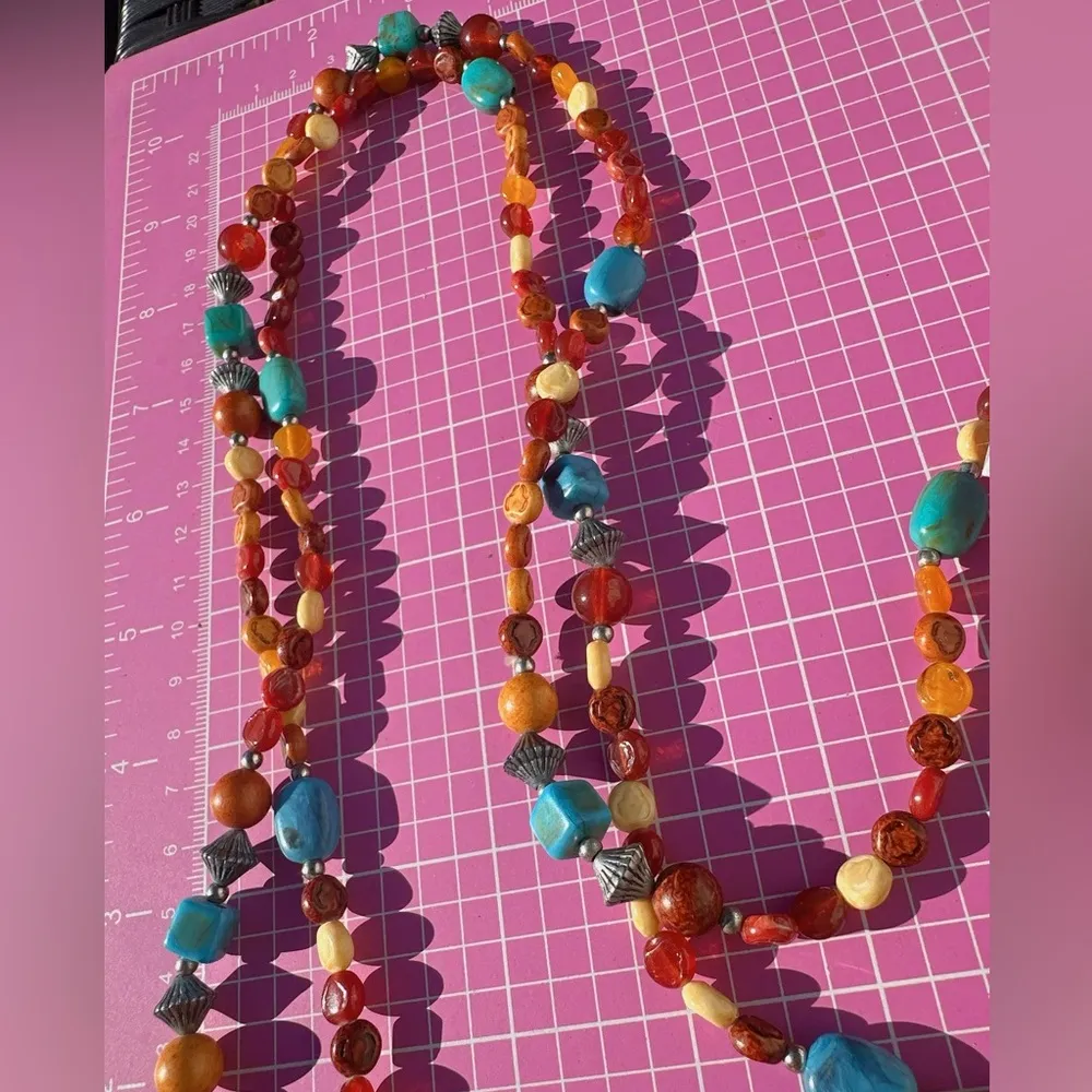 Lucky Brand necklace Amber Tibetan bluestone Sandalwood beads silver diamond 47” - Image 4