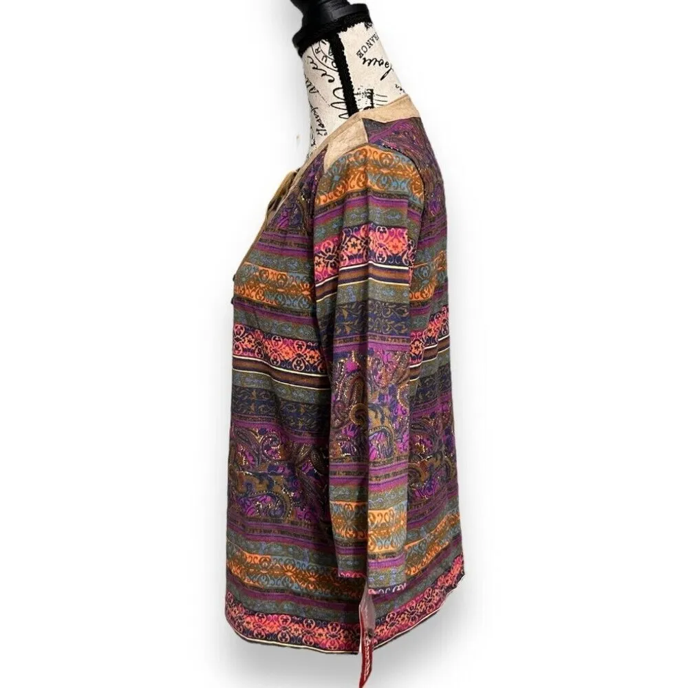 BonWorth XS Petite Boho Paisley Top Multicolor‎ Suede Trim Blouse 3/4 Sleeve NWT - Image 6
