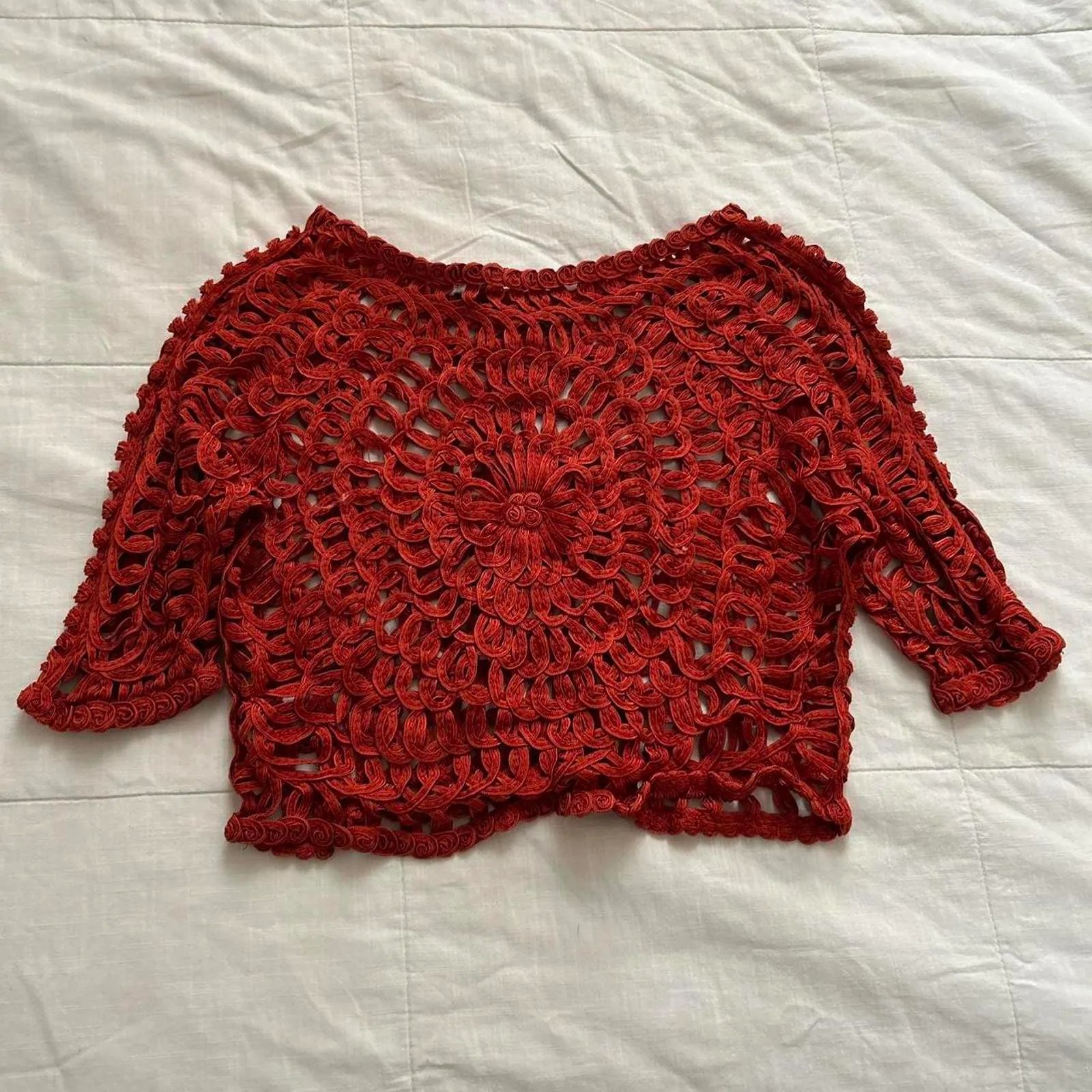 Y2K vintage orangey Burgundy crochet open knit top Size xs Orange - Image 4