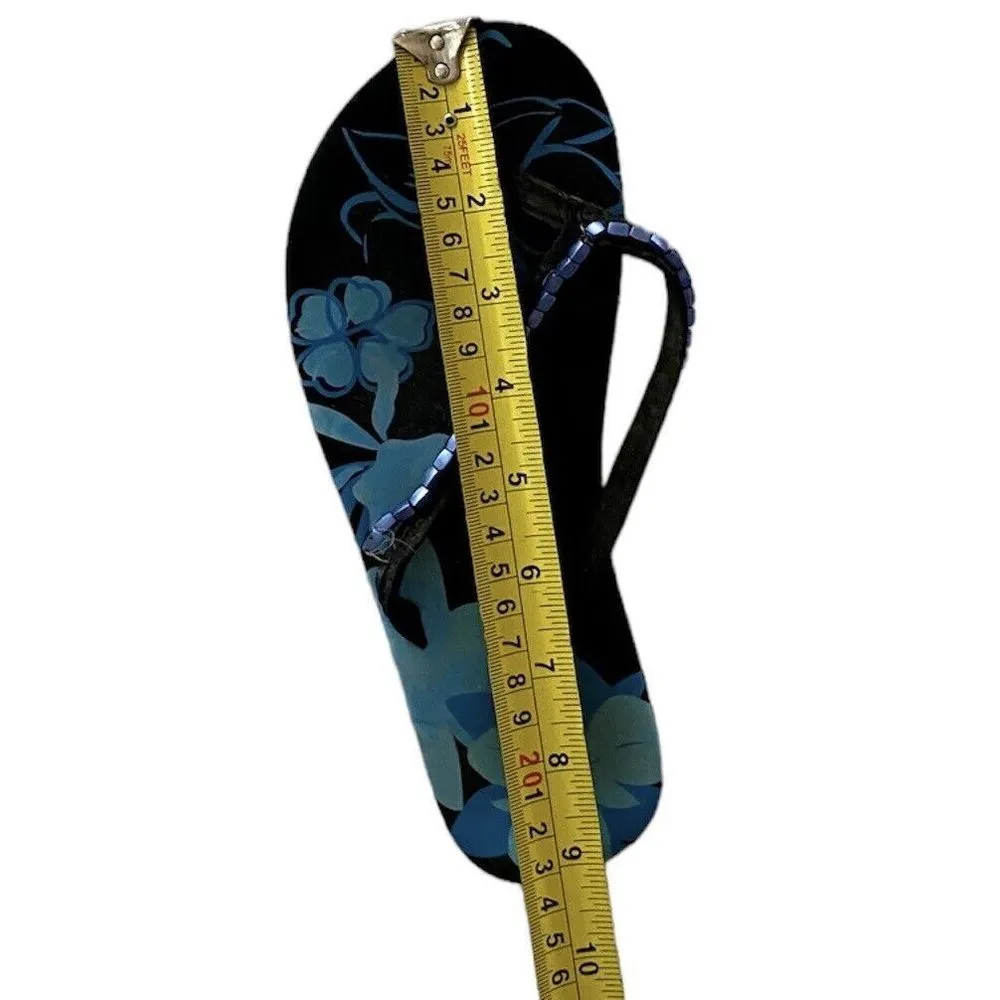 Women Flipflops Size 6 Floral Blue Black Flowers Sandals Beads Soft Foam Summer - Image 5