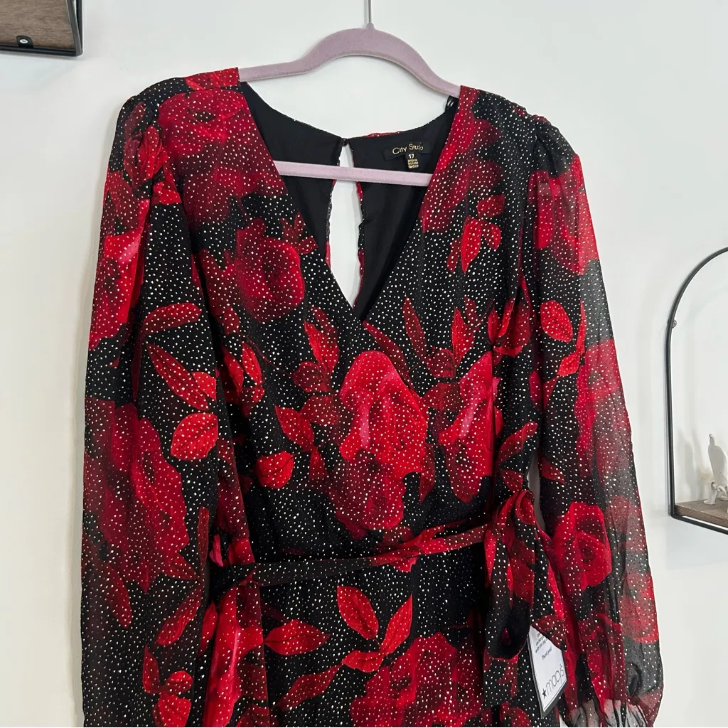 NWT City Studio Red & Black Rhinestone Sparkly V Neck Floral Dress Size 17 - Image 3