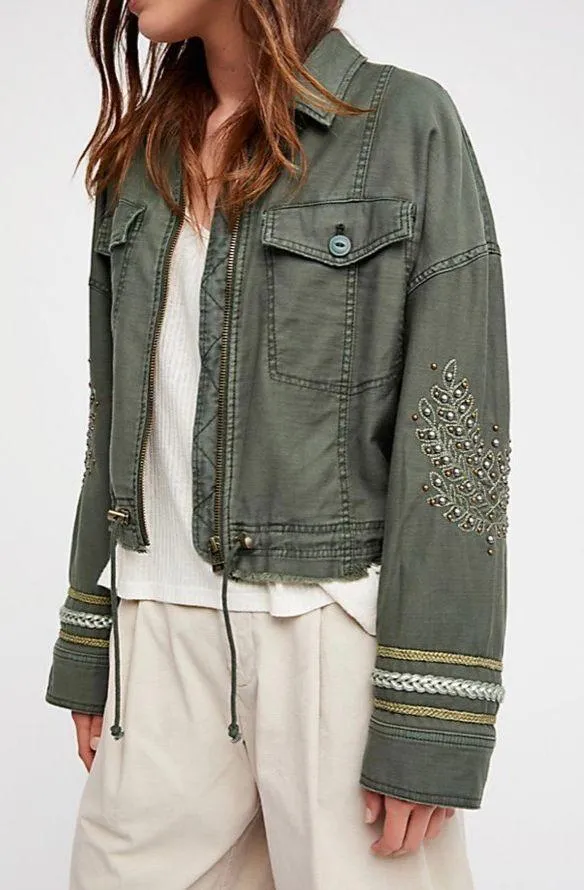 Extreme Cropped Military Jacket Green Blogger Favorite Beaded Medium - Image 2