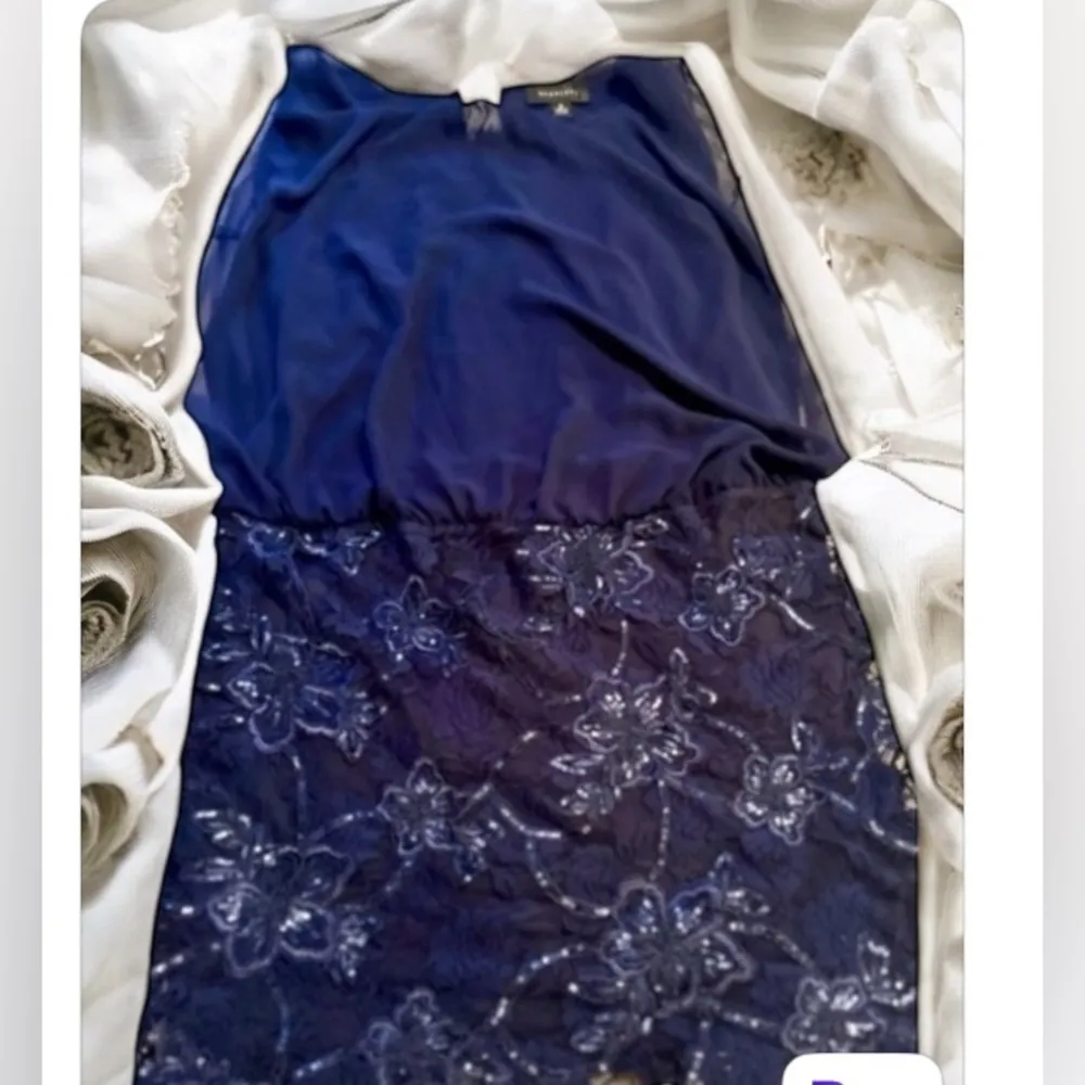 - SCARLETT -Chiffon Navy blue with sequins cocktail party Blouson Dress Size 16 - Image 5