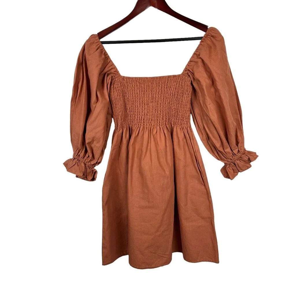 Kourt Size Small Portia Smocked Mini Dress Puff Sleeve Rust burnt orange Flax - Image 2