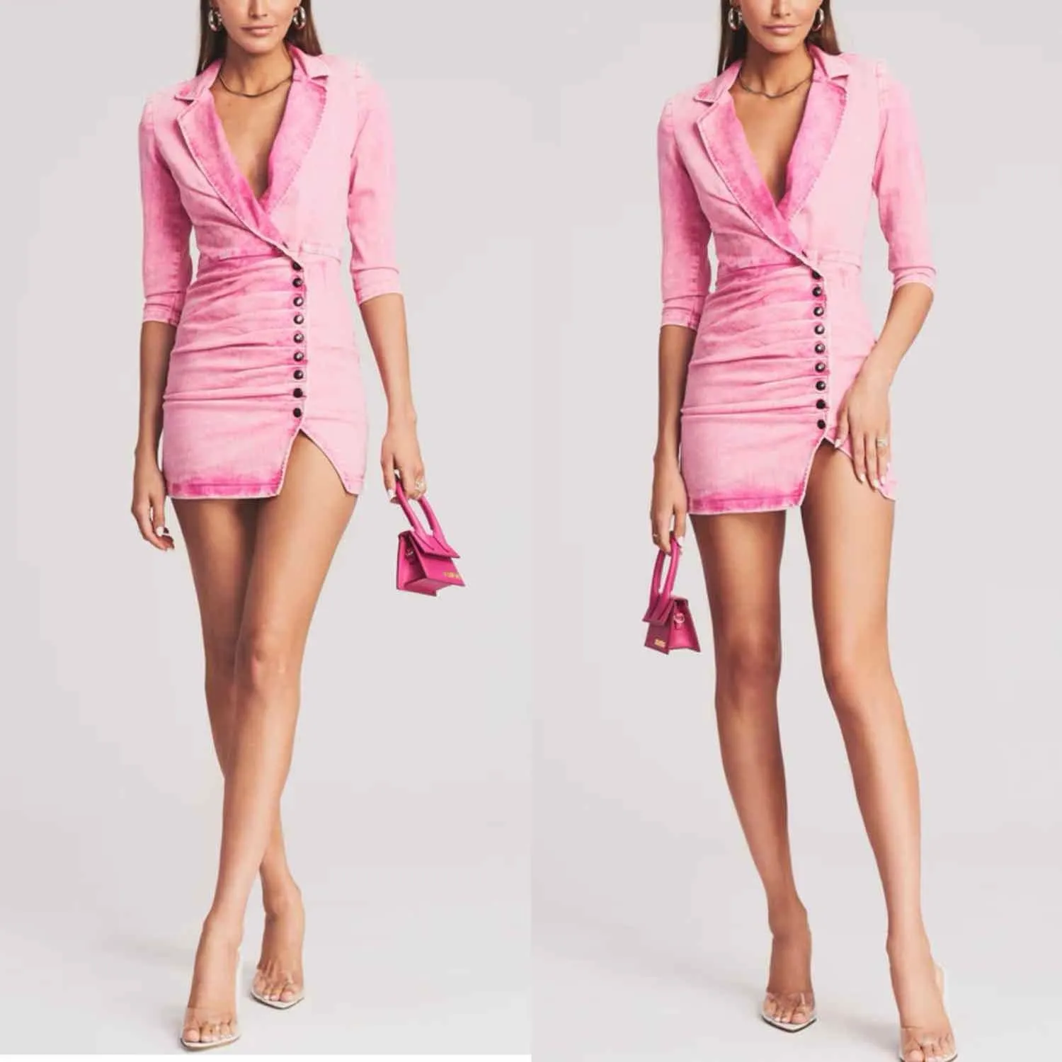 Retrofete Willa Denim Mini Dress Vintage Pink Size Large Stretch Distressed - Image 11