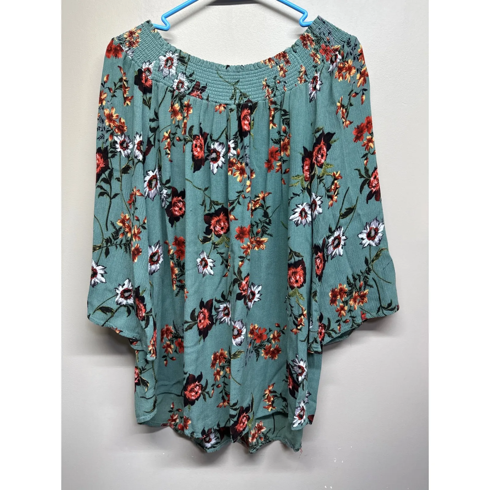Kori America Floral Smocked Off Shoulder 3/4 Sleeve Top Women's Size Small Green - Image 2