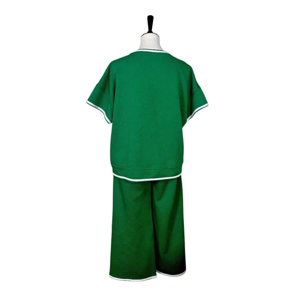 Fashion 2 Piece Set Top Wide Leg Crop Pant Kelly Green White Trim Women’s Size M Size M - Image 4