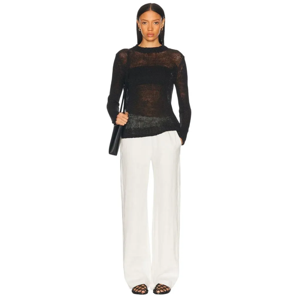 Enza Costa Linen Open Knit Crew Sweater in Black Medium New Womens Top - Image 4