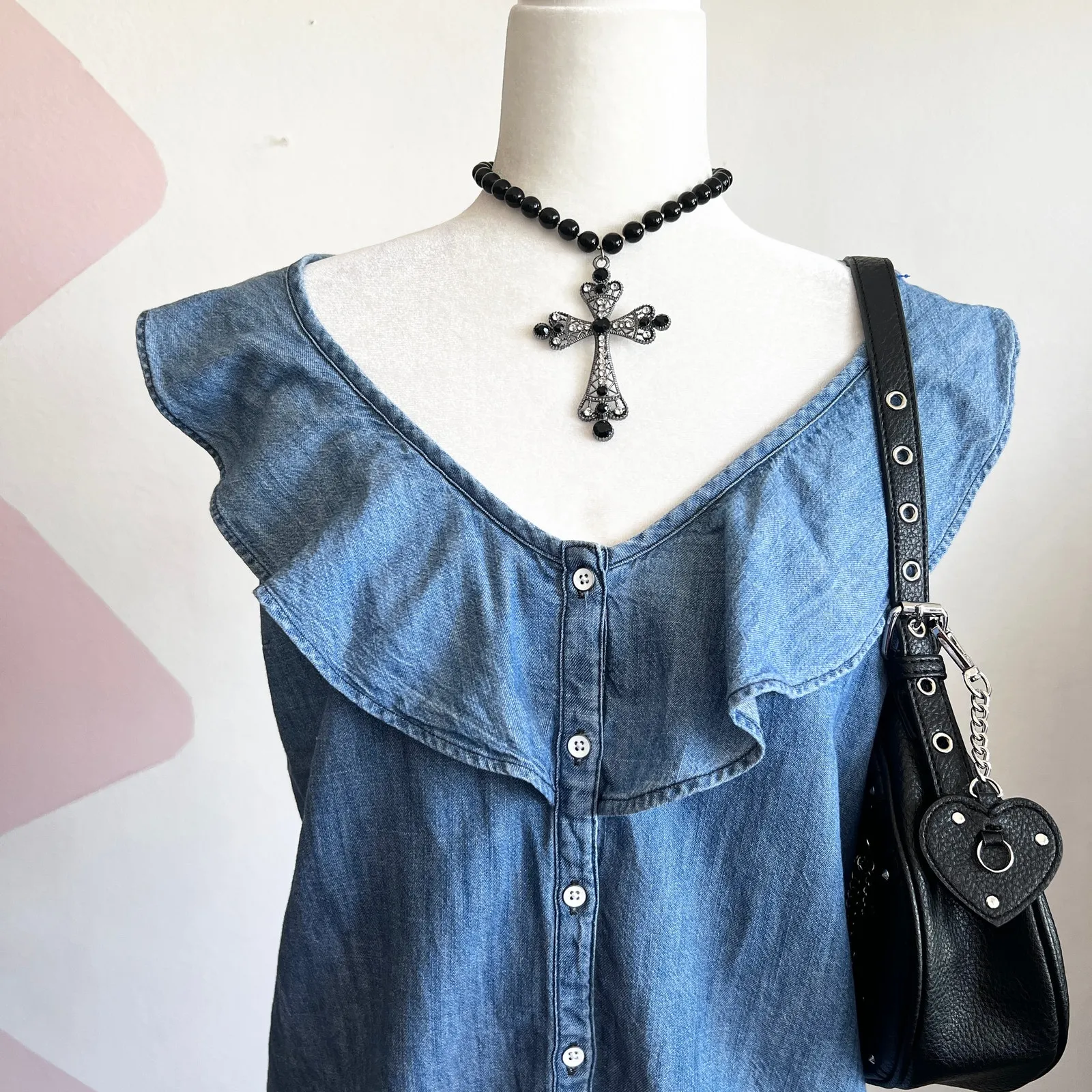 Old Navy‎ Denim Ruffle Top Y2K 2000s Retro Cottagecore Indie Small - Image 2