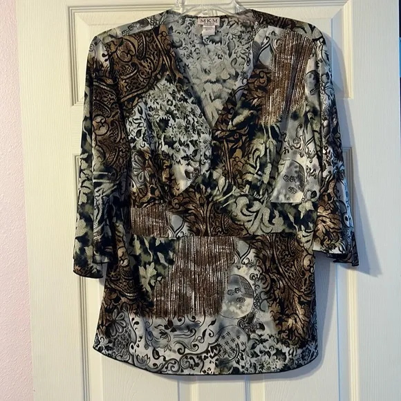 MKM Designs Black Brown Grey 3/4 Sleeve Dressy Blouse 1X - Image 1
