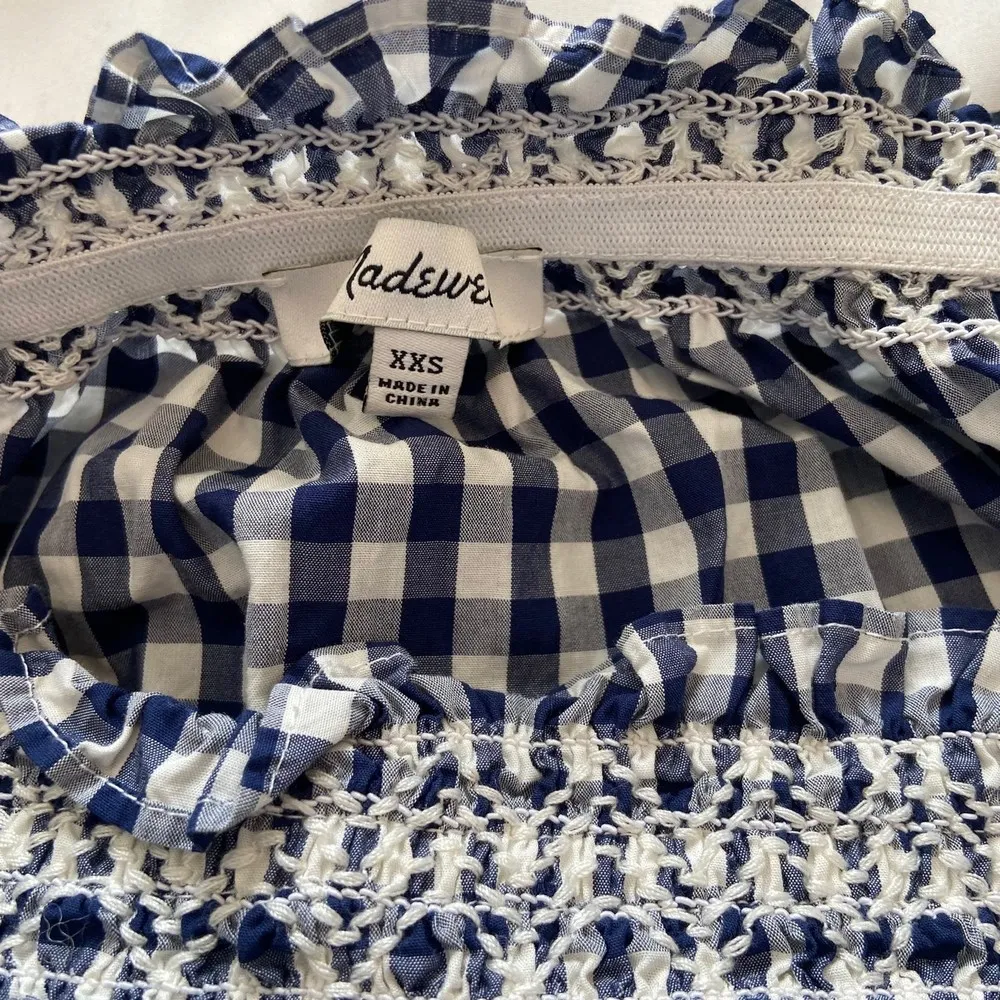 Madewell Blue Checkered Gingham Smocked Neck Off Shoulder Blouse Sz XXS - Image 7