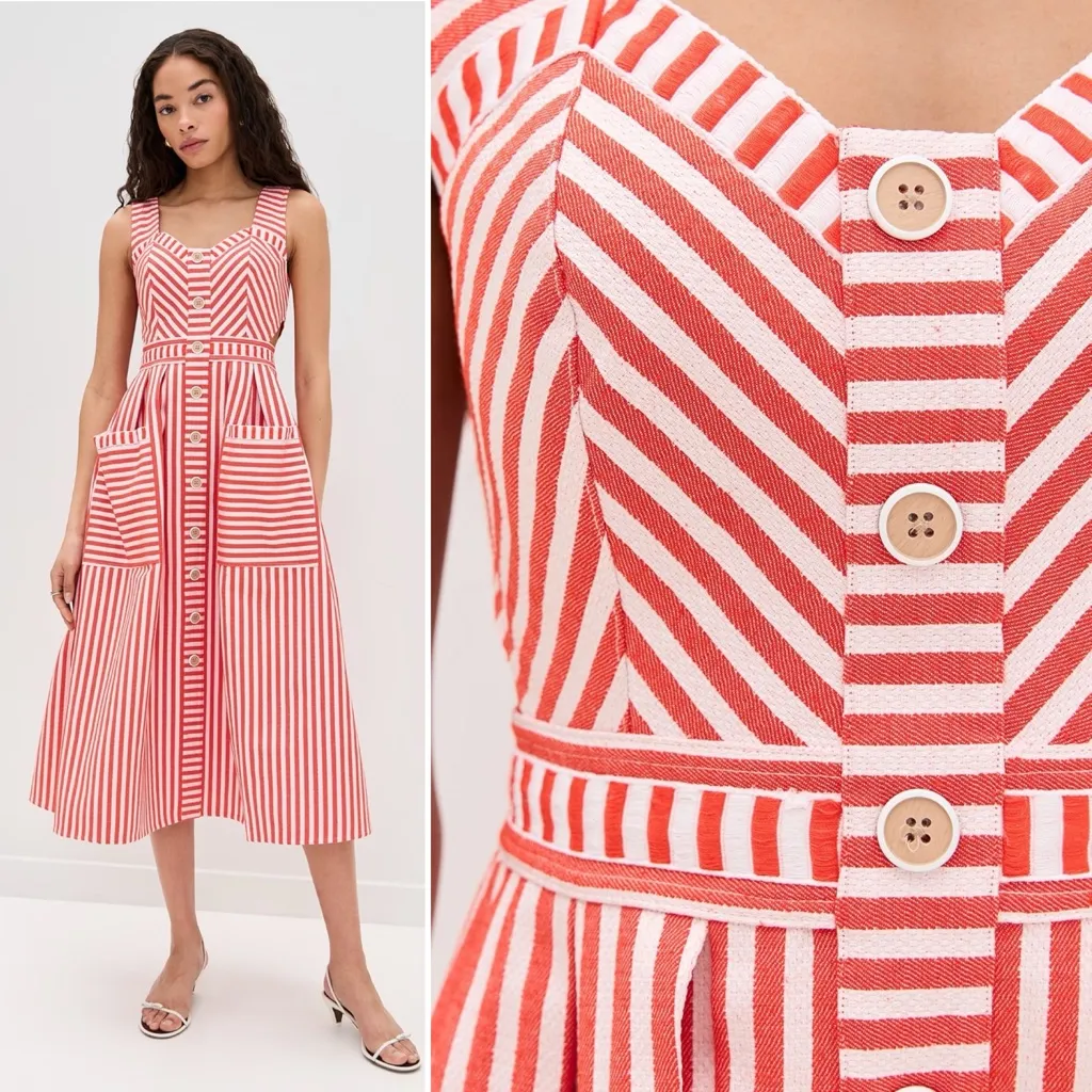 Hunter Bell Cosi Striped Midi Dress Red Poppy White Button Front Size 2 NWT - Image 17