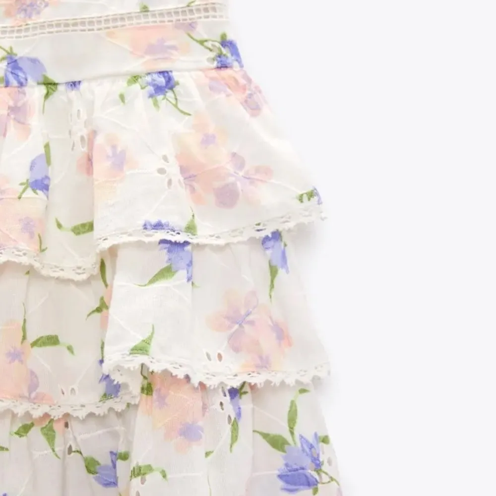 NWT Zara Skirt Womens XL Floral Tiered Ruffles Eyelet Lace Boho Cottage Festival - Image 2