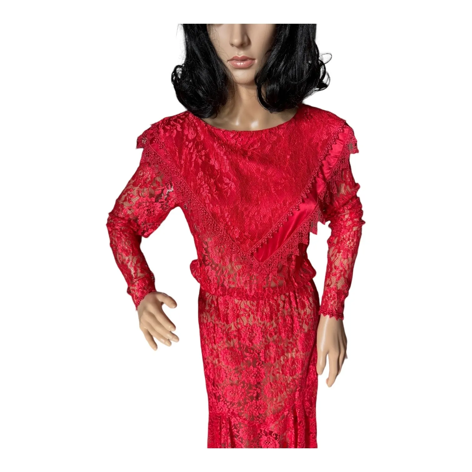 Vintage 1980s Red Lace Art Deco Revival Evening Gown Sheer Maxi Dress  
size XS-S - Image 13