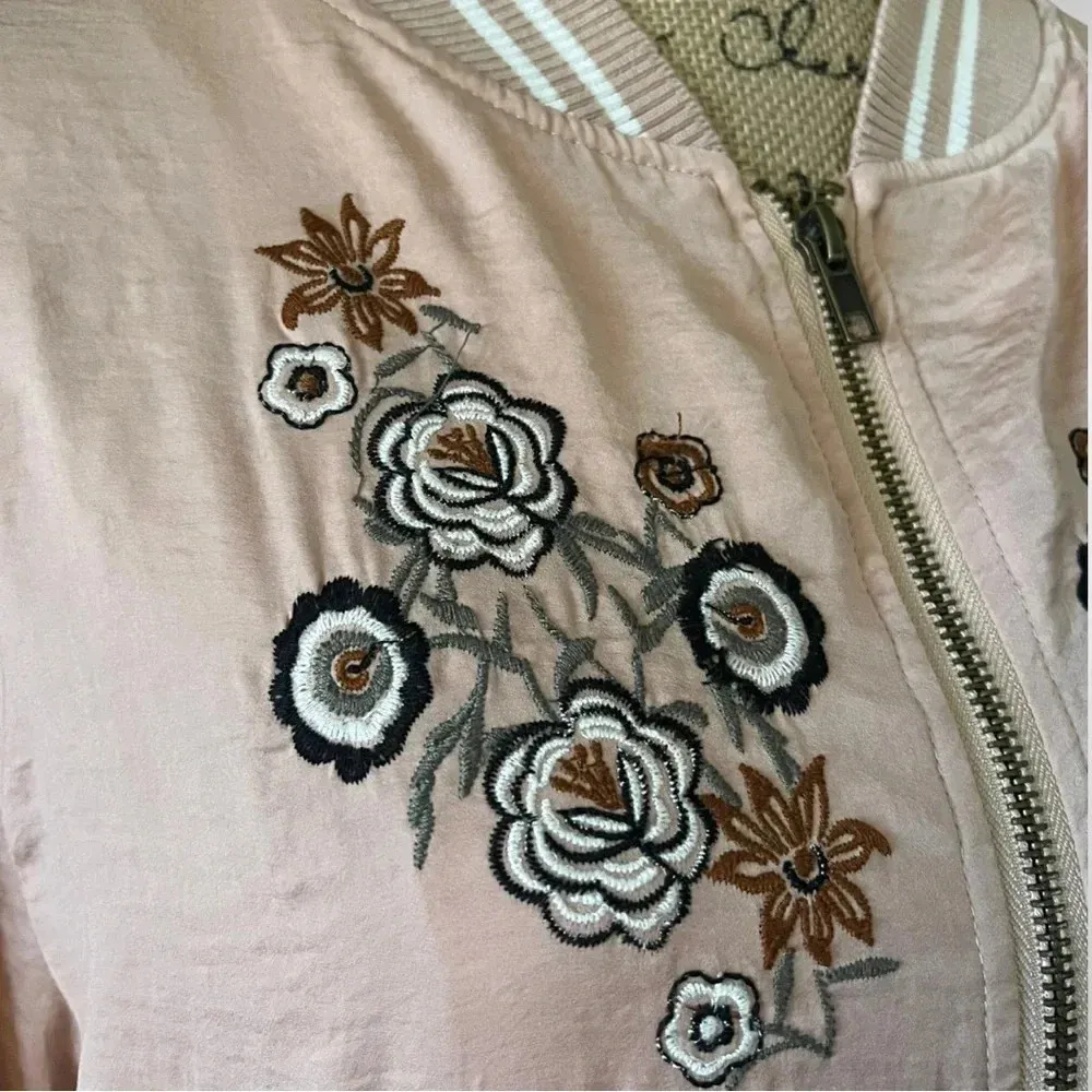 LIVING DOLL Pink Lightweight Bomber Jacket With Floral Embroidery | EUC - Image 4
