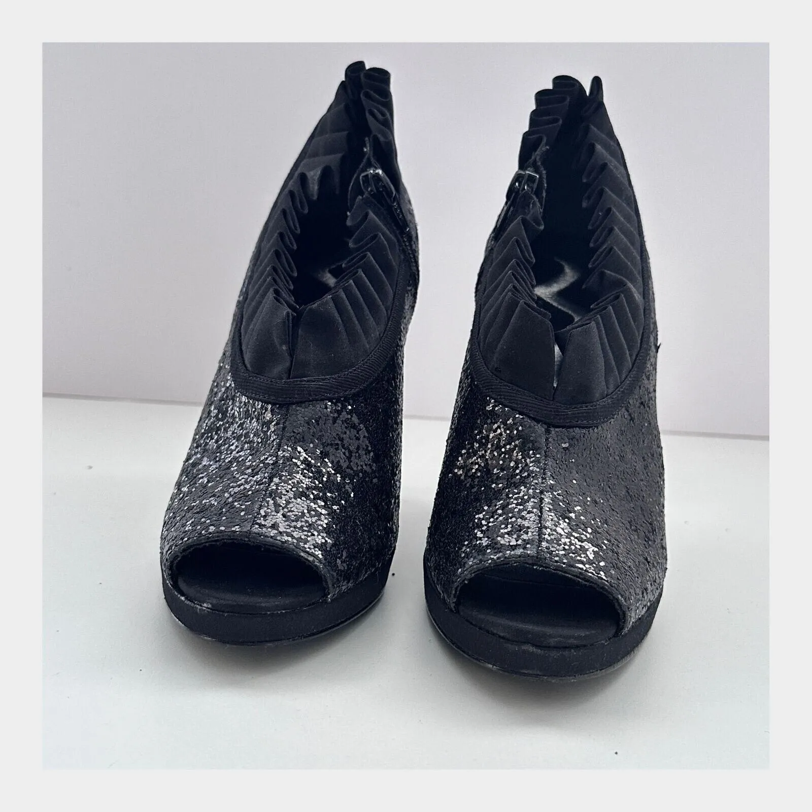 Nina Eveline Sz 8.5 Formal Cocktail Party Mob Wife Pump Sequin Ruffle High Heels Black - Image 7