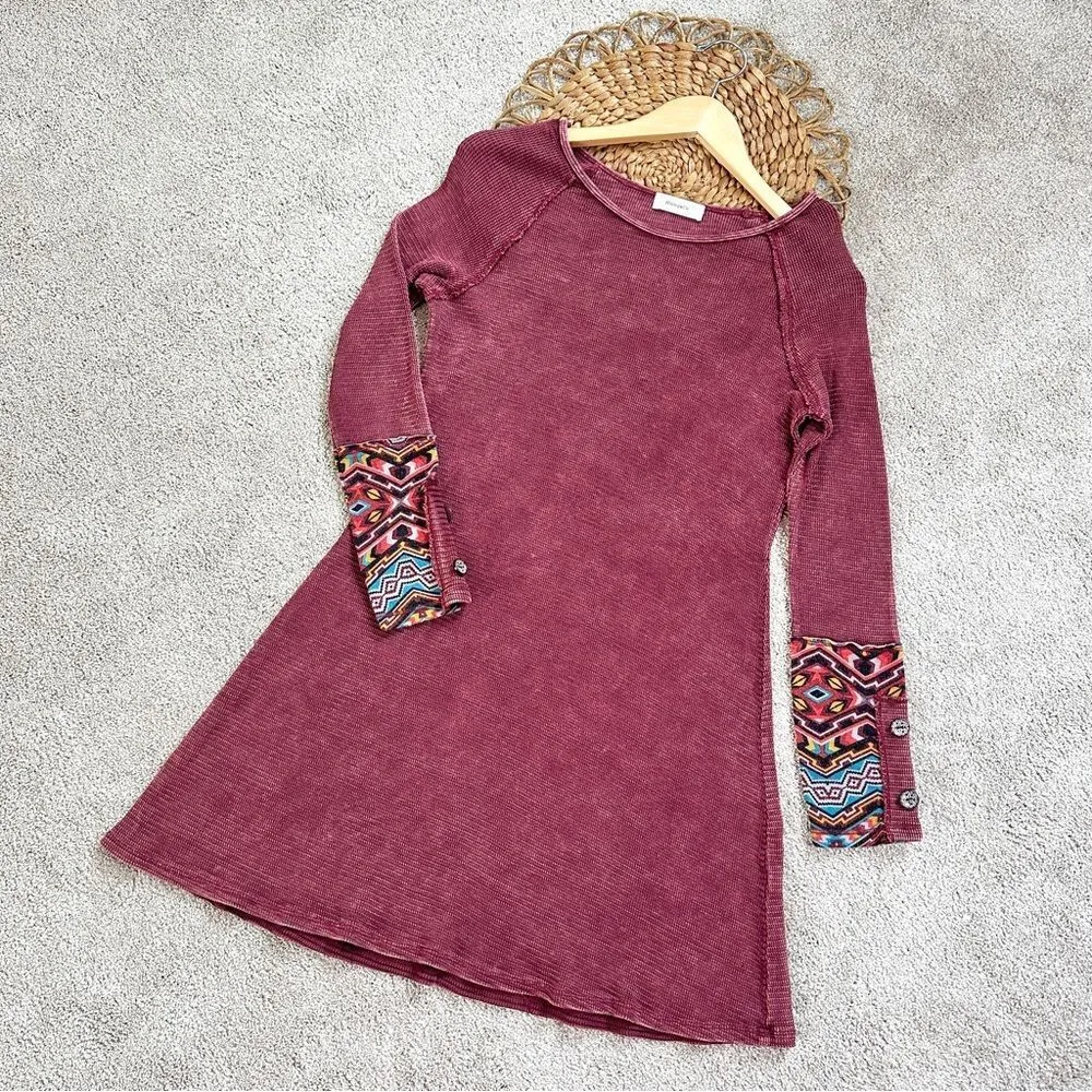 Hailey&Co Waffle Knit Washed Boho Burgundy Red Long Sleeve Mini Dress Size L Size L - Image 3