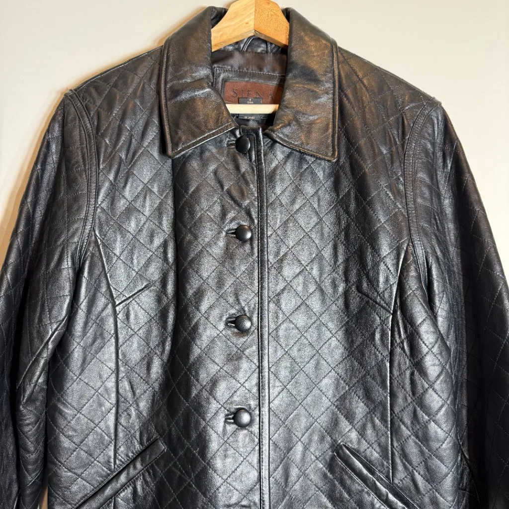 Vintage 100% Leather Quilted Barn Jacket Chore Coat Women's 14 Black Retro Chic - Image 4
