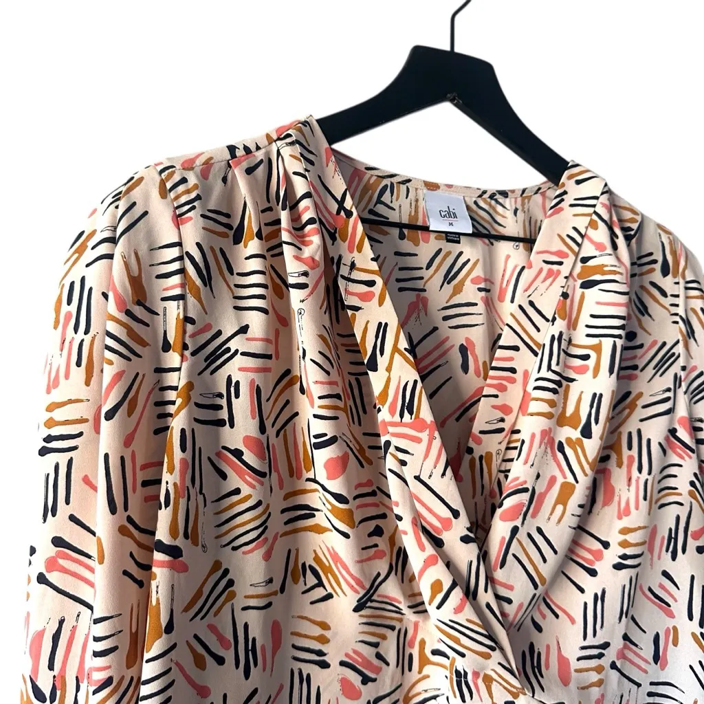 CAbi Abstract Print Wrap Blouse Medium Long Sleeve Work Top - Image 3